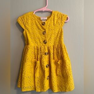 Toddler Girl Little Lass Yellow, eyelet front button, mustard lace dress, 18M